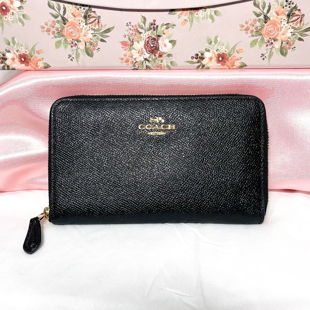 Coach Medium Zip Around Bifold Leather Wallet - Black